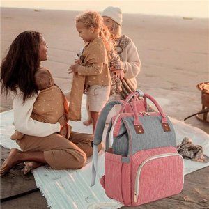 Large Pink/Grey Diaper Bag Backpack Multi-Function with Insulated Pockets